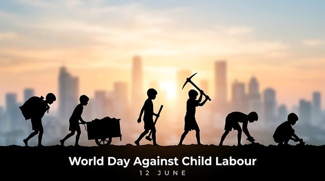World day against child labour silhouette of children performing hard labor against city skyline