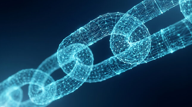 Futuristic digital chain links made of glowing blue wireframe mesh representing blockchain technology and secure network connectivity