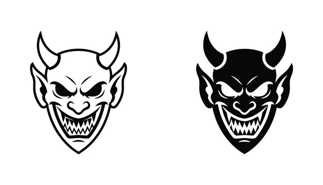 Evil demon head silhouette and line art icons representing devilish character design for dark fantasy projects