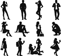 Obraz premium Silhouettes of people in various poses on social media vector graphics