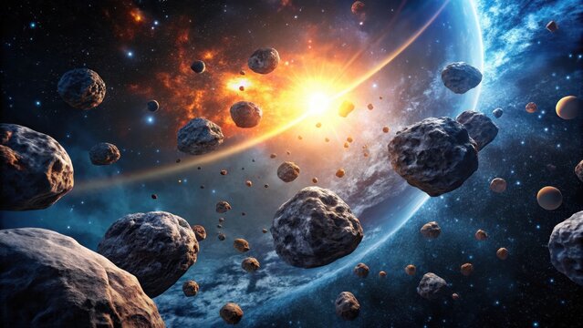 A photo of floating asteroids against a deep black void, cosmic dust swirling around them in abstract patterns.