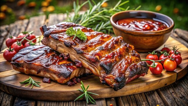 A photo of Delicious grilled spare ribs with smoky aroma and flavorful barbecue sauce on a wooden cutting board outdoors