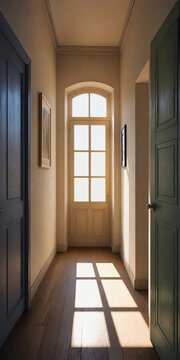 Sunlit minimalist hallway interior with tall window, wooden floor and soft shadows