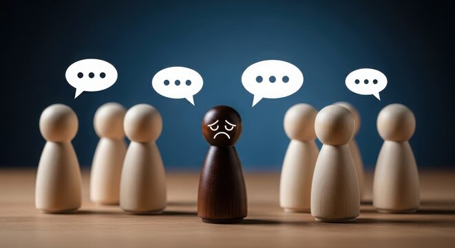 Excluded wooden figure with sad expression facing group with speech bubbles, exclusion