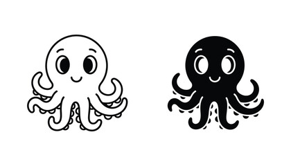 Cute cartoon octopus line art and solid silhouette icons for ocean animal themed graphic design elements © Nova