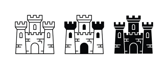 Castle Icons, Medieval Fortress Symbols, Royal Palace Graphics, Fantasy Architecture Vectors, Set of Three Styles © Mahfuzur