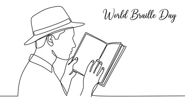 World Braille Day Continuous Line Drawing of Blind Person Reading Book with Accessibility Awareness and Inclusive Education Concept