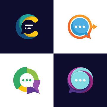 This image features four unique and colorful logos representing chat communication, showcasing modern design elements and vibrant color schemes in logo creation.