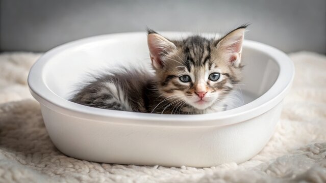 A photo of a small kitten curled up inside a black and white ceramic litter box, surrounded by soft white bedding and the faint scent of kitty litter.