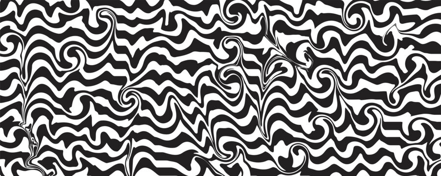 Black and white striped liquid paint effect vector seamless pattern. Wavy psychedelic background of moving liquid. Modern zebra backdrop. Groovy 1970s style.