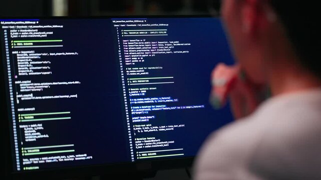 Close-up rear view of programmer monitoring source code on desktop screen while working late in dark office. Software development, data analysis, machine learning and technology workflow concept.