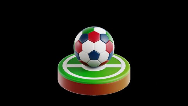 3D animation of a colorful soccer ball bouncing on a circular patch of green grass. Seamless looping motion with a transparent background, perfect for sports broadcasts and video overlays.