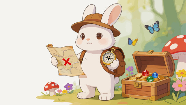 Cute rabbit explorer with map and treasure