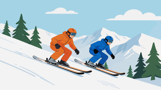 Two skiers racing downhill