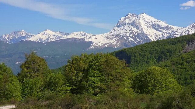 Majestic snow-capped peaks of Gran Sasso d'Italia mountain range and Corno Grande summit, Abruzzo, Italy