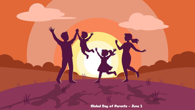 A joyful family celebrates togetherness under a vibrant orange sunset, capturing the selfless love and guidance honored. Global Day of Parents, June 1st