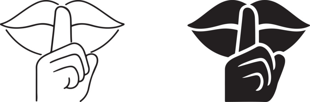 Flat black silhouette and outline of person with finger over lips.