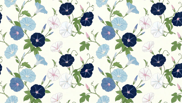 Shimmering Navy Morning Glory Asagao Floral Seamless Pattern Bringing Summer Joy Perfect for Japanese Stationery and Elegant Fabric Designs
