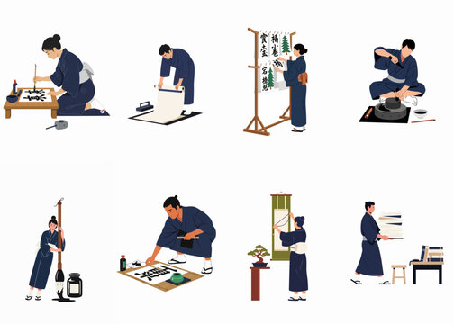 Flat vector illustration set of people practicing traditional Japanese calligraphy art, preparing ink, writing kanji, and displaying finished scrolls on a white background.