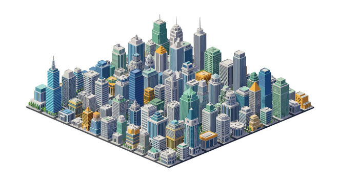 A meticulously detailed isometric 3D city model stands isolated against a pristine white background featuring a vibrant collection of colorful skyscrapers.