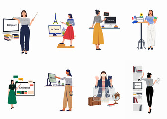 Set of flat vector illustrations showing women learning and teaching French online, featuring cultural symbols, educational tools, and common phrases for language study. © Sabrina