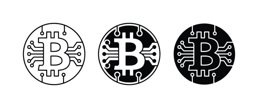 Bitcoin Cryptocurrency Icons, Digital Coin Symbols, Blockchain Technology Graphics, Financial Network Icons, Set of 3 Bitcoin Logos