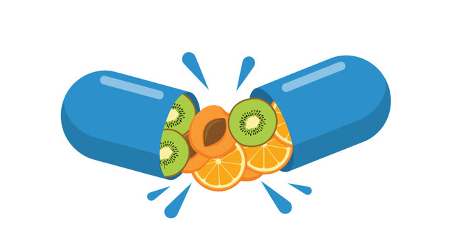 Vibrant blue pill capsule split open to release fresh slices of kiwi, orange, and apricot with dynamic blue liquid droplets on a white background.