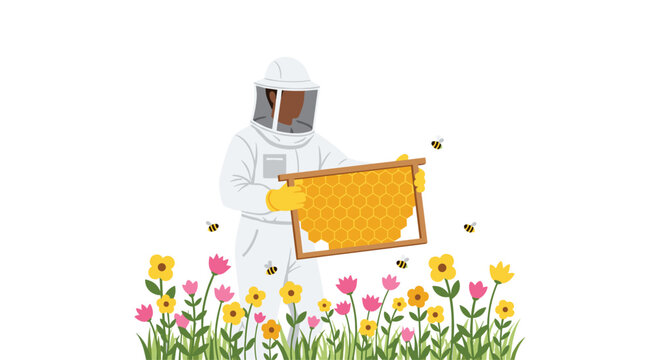 A beekeeper in a white suit holds up a wooden frame filled with a golden hexagonal honeycomb pattern among colorful flowers on a white background.