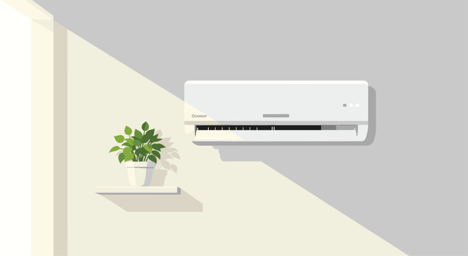 A white wall-mounted air conditioner is positioned next to a green potted plant on a shelf in a minimalist sunlit room with clean shadows.