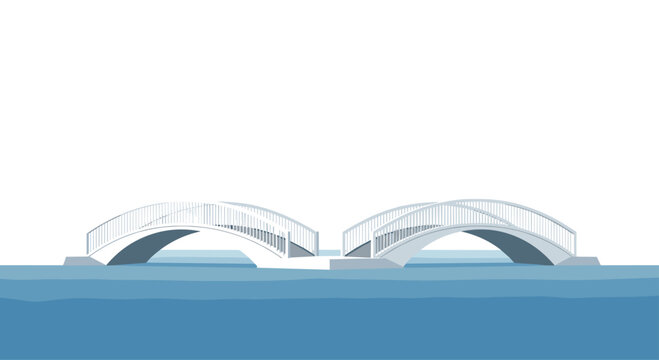 Two identical white arched pedestrian bridges are positioned side-by-side over a calm blue water surface in a clean flat vector illustration.