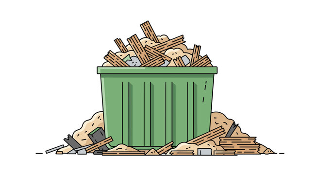 A large green industrial dumpster is completely overflowing with a massive pile of light brown wood scraps and sawdust from a construction or carpentry site.