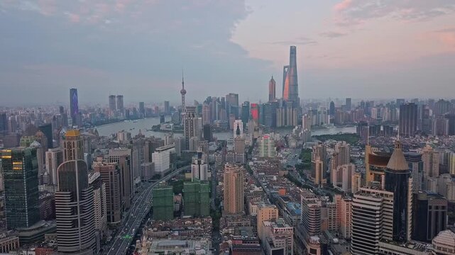 Shanghai Skyline Aerial View at Dusk with Huangpu River