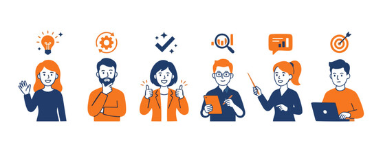 Fototapeta premium Business people flat icons set, professional characters with work icons, creative strategy and team growth development concept for modern corporate communication or digital marketing presentations ill