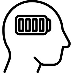 Energized Mind thin line Icon. Mental Energy, focus, creativity. Head silhouette with full battery inside © AlexBlogoodf