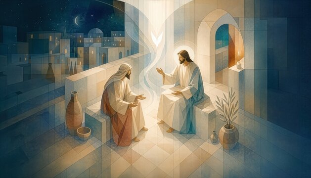 Minimalist Biblical Illustration of Jesus Teaching Nicodemus. New Testament.