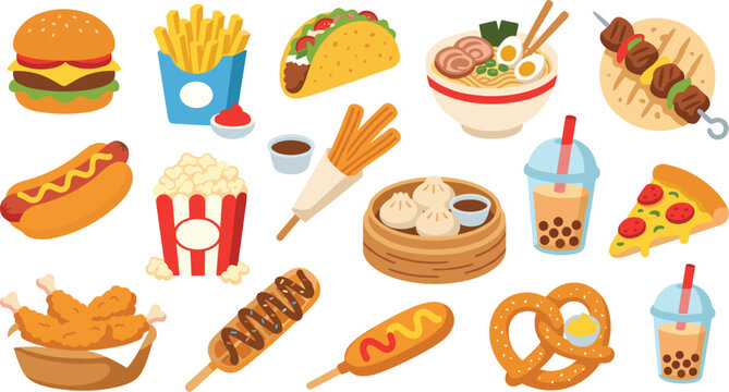 Mega Global Street Food Icon Collection Featuring Burger, Pizza, Taco, Ramen, Dumplings, Fried Chicken, Hot Dog, Churros, and Bubble Tea Vector Illustration for Restaurant Menus and Delivery Apps