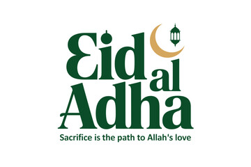 Naklejka premium Eid al Adha typography with crescent moon and lantern green and black
