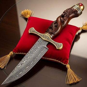 Ornate Damascus Dagger Resting on Red Velvet Cushion on Dark Table