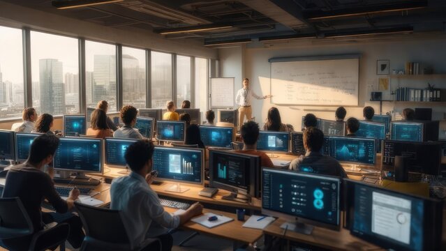 Students Engaged in a Computer Lab with Multiple Monitors and City View.