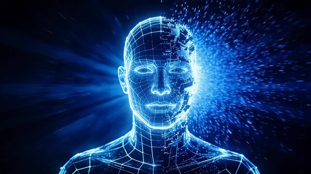 Futuristic digital human portrait with blue glowing grid and particle effects