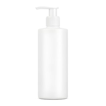 A blank white plastic bottle with a pump dispenser isolated on a white background for cosmetic liquid soap, shampoo, or body lotion hygiene packaging