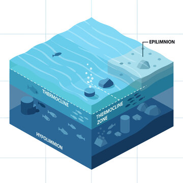 Lake stratification layers - epilimnion, thermocline, and hypolimnion illustration.
