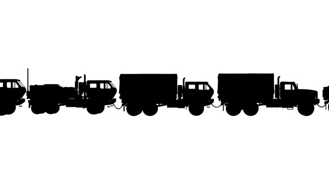 Military Truck Convoy Silhouette Isolated on White Background