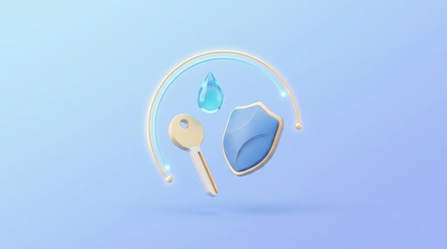 Key, shield, and water drop minimal abstract security concept