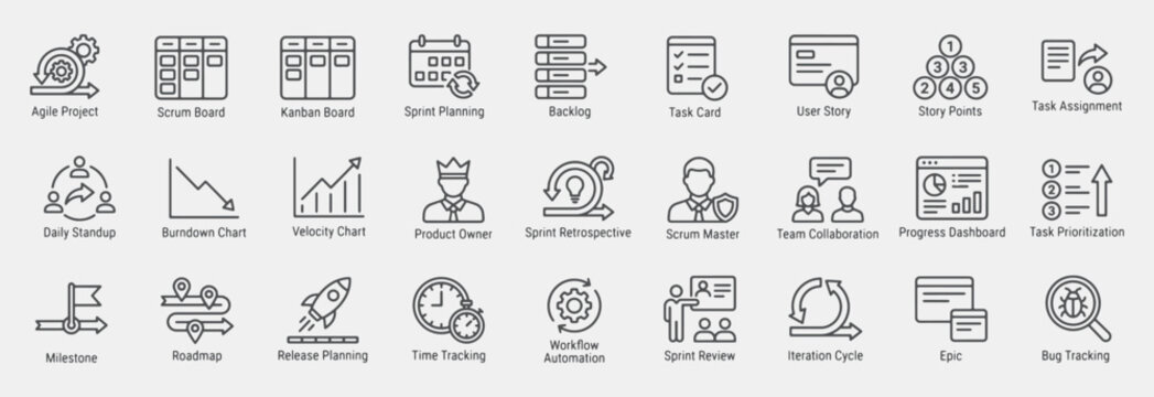 Agile Workflow and Sprint Management Line Icon Set, Including Agile Project, Scrum Board, Kanban Board, Sprint Planning, Backlog, Task Card, User Story, Story Points, Task Assignment, and more. 
