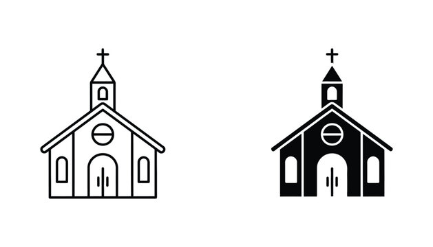 Classic church building icon set with cross in outline and solid black for religious and community architecture