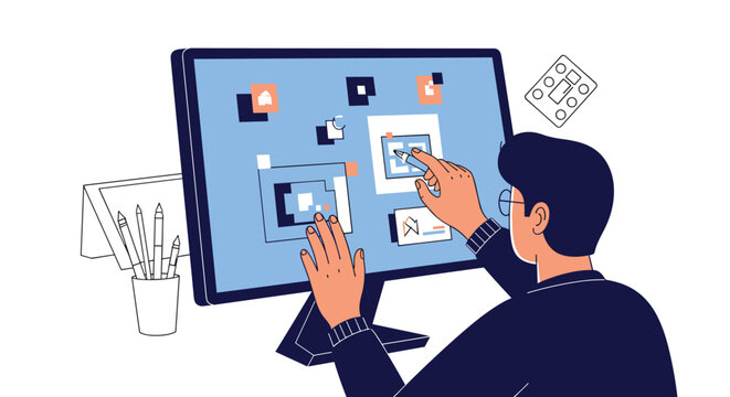 Graphic designer working at a large computer screen monitor while creating a website layout or digital user interface in a clean workspace.