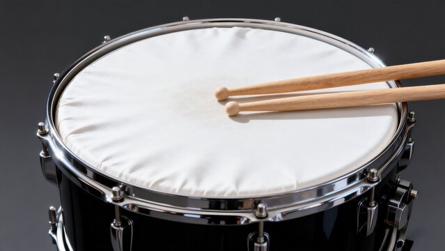 Close up shot of black snare drum with white drumhead and two natural wooden drumsticks placed on top against plain dark gray background
