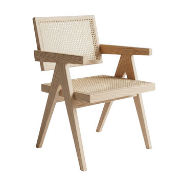 Modern wooden chair with woven seat and armrests in natural finish