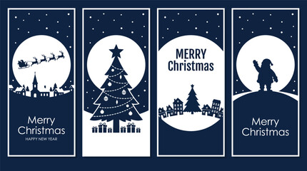 Merry Christmas card set santa sleight night tree greeting text lettering blue snowy night background vector. © Kingko